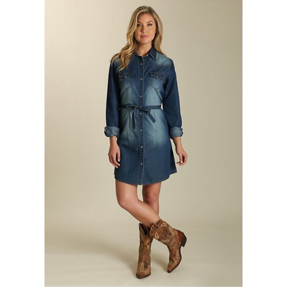 Wrangler Western Denim Shirt Dress with Belt pearl snaps dual pockets cotton S